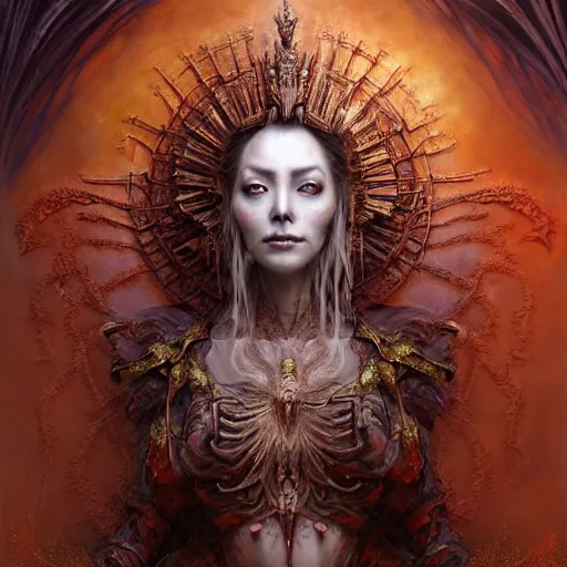 Image similar to a beautiful detailed 3d matte painting of female empress of the dead, by ellen jewett, by tomasz alen kopera, by Justin Gerard, ominous, magical realism, texture, intricate, ornate, royally decorated, skull, skeleton, whirling smoke, embers, red adornements, red torn fabric, radiant colors, fantasy, volumetric lighting, high details