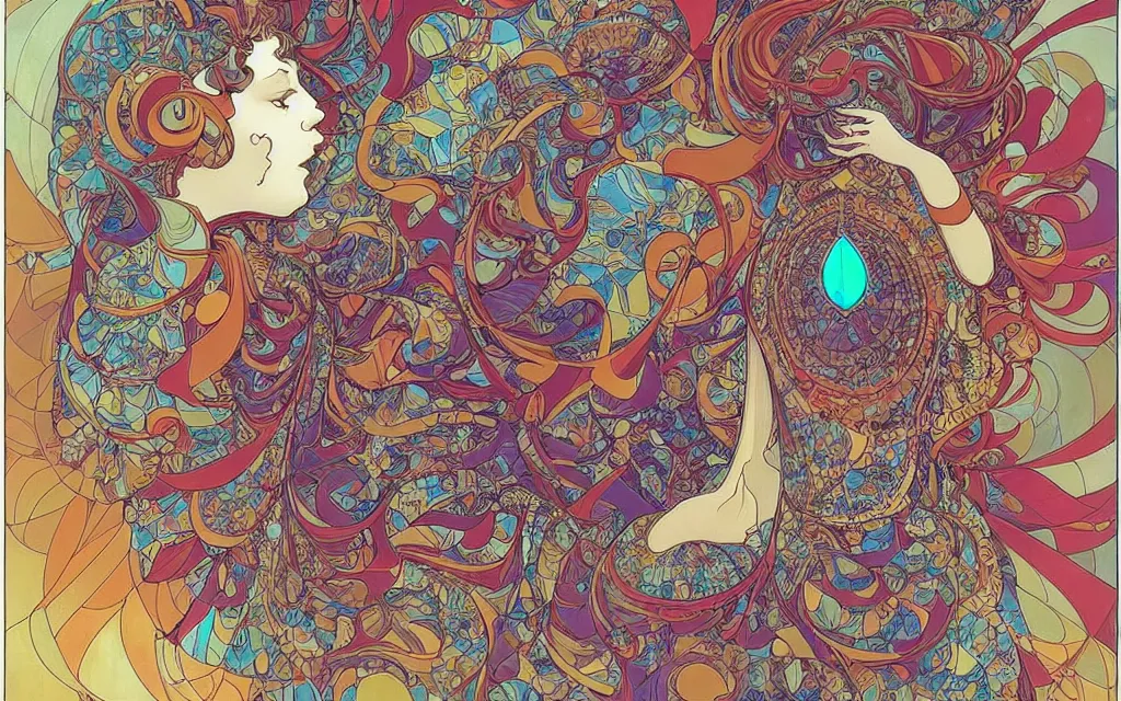 Prompt: pattern, oscillation, fractal gems, fractal crystals. by jean giraud and by james jean and mucha