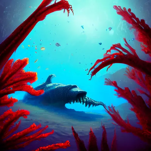 Image similar to underwater view of a strange alien world, some washed out red and green plant life, giant leviathan swimming far in the background, sci-fi underwater base, deep blue sea color, artstation
