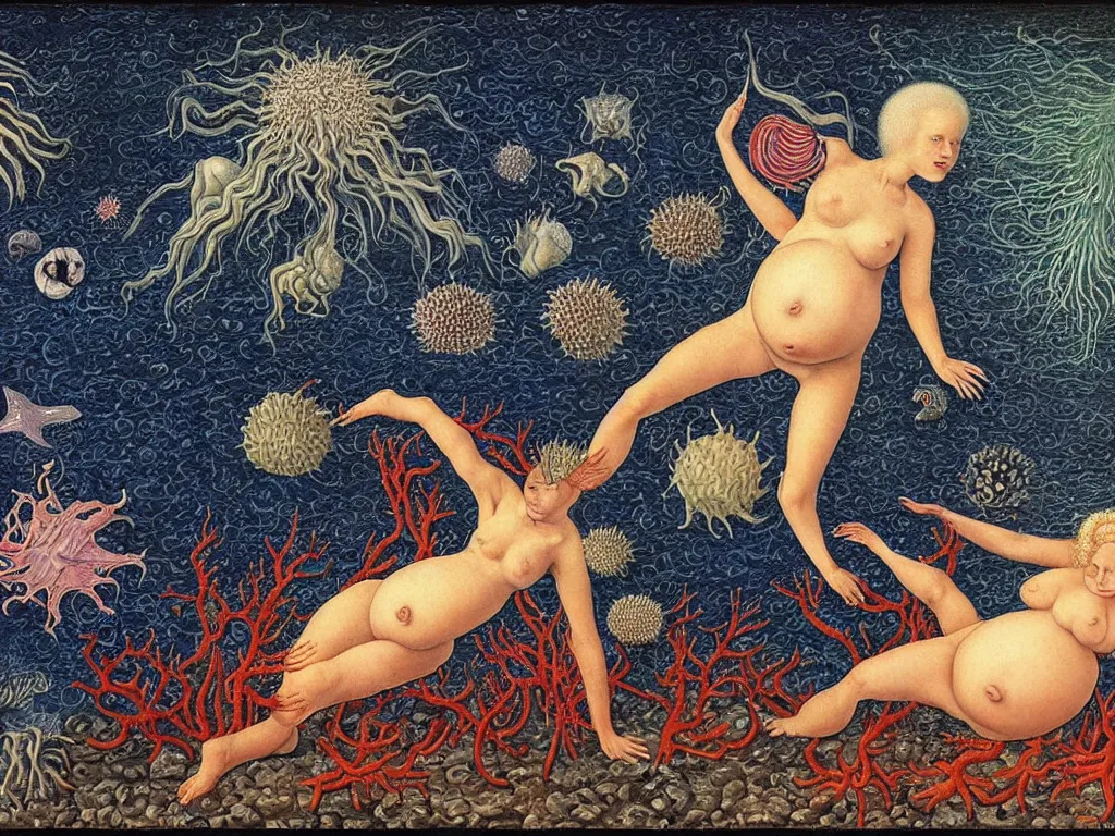 Image similar to Pregnant albino woman at the bottom of the ocean. Starfish, urchins, copepods, sea weed, rust, glowing eyes, phosphorescent cuttlefish. Painting by Lucas Cranach, Rene Magritte, Jean Delville, Max Ernst, Maria Sybilla Merian