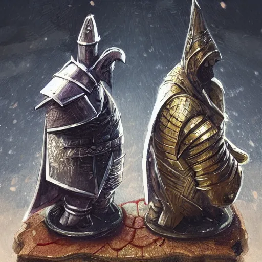 Image similar to two chess pieces fighting, the knight and the bishop on a wood chess board , fantasy art, in the style of greg rutkowski, illustration, epic, fantasy, intricate, hyper detailed, artstation, concept art, smooth, sharp focus, ray tracing