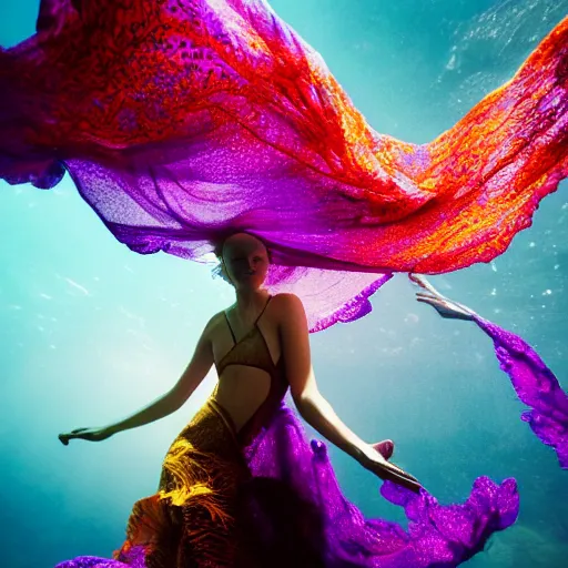 Image similar to woman dancing underwater wearing a flowing dress made of many translucent layers of blue, magenta, and yellow lace seaweed, delicate coral sea bottom, swirling silver fish, swirling smoke shapes, unreal engine, caustics lighting from above, cinematic, hyperdetailed