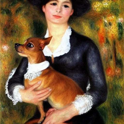 Prompt: a woman and her black and brown chihuahua by pierre - auguste renoir