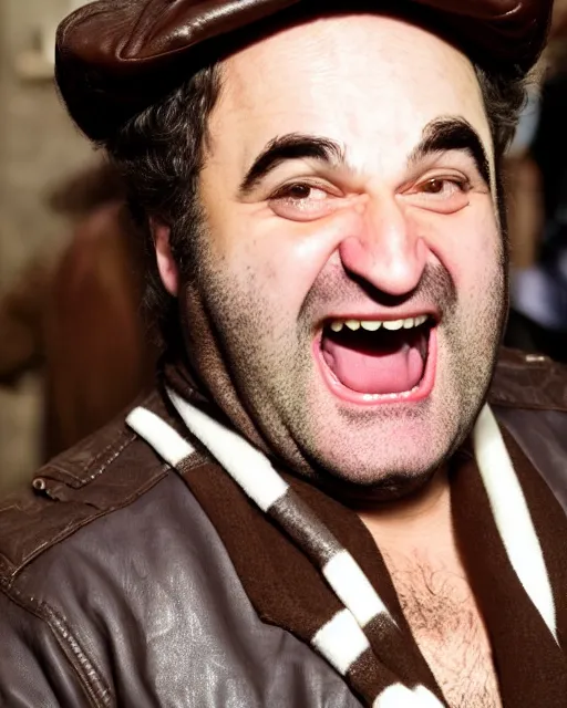 Image similar to headshot of a crazed smiling, mouth ode open, john belushi, he is wearing a leather bomber cap on his head, he is also wearing an a 2 flight jacket, a long white wool scarf is wrapped around his neck, he has a 5 o'clock shadow