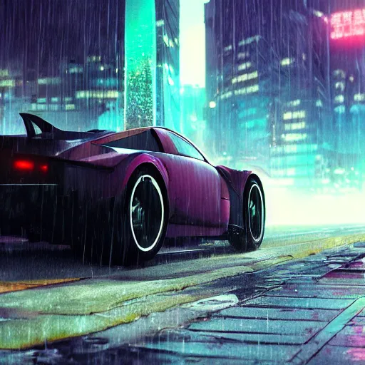 Image similar to a picture of a car in the rain, cyberpunk art by fyodor vasilyev, zbrush central contest winner, cubo - futurism, synthwave, darksynth, retrowave