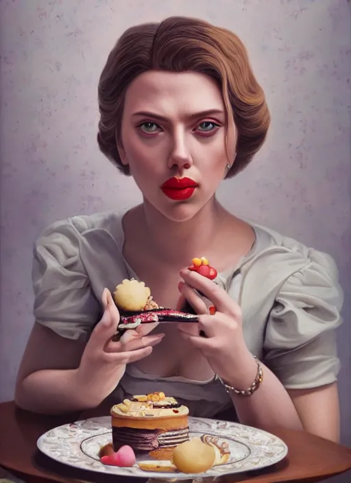 Prompt: closeup portrait of tin toy scarlett johansson eating cakes, depth of field, zeiss lens, detailed, symmetrical, centered, fashion photoshoot, by nicoletta ceccoli, mark ryden, lostfish, earl nore, hyung tae, frank frazetta, breathtaking, 8 k resolution, extremely detailed, beautiful, establishing shot, artistic, hyperrealistic, octane render