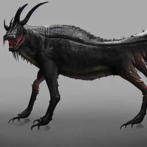 Prompt: a large, predatory creature with a long, segmented body. It has dozens of legs, each of which is tipped with a sharp claw. Its head is large and triangular, with two long, curved horns. Its eyes are black and glittering, and its mouth is full of sharp teeth. Its body is covered in tough, glossy scales, and its tail is long and whip-like. D&D character art, digital painting, Peter Mohrbacher, Alphonse Mucha, Brian Froud, Yoshitaka Amano, Kim Keever, Victo Ngai, James Jean