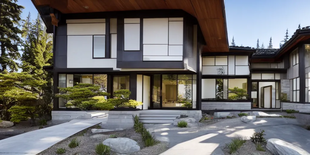 Image similar to large modern residence, pacific northwest japanese style, flared japanese black tile roof, many windows with warm light, elegant