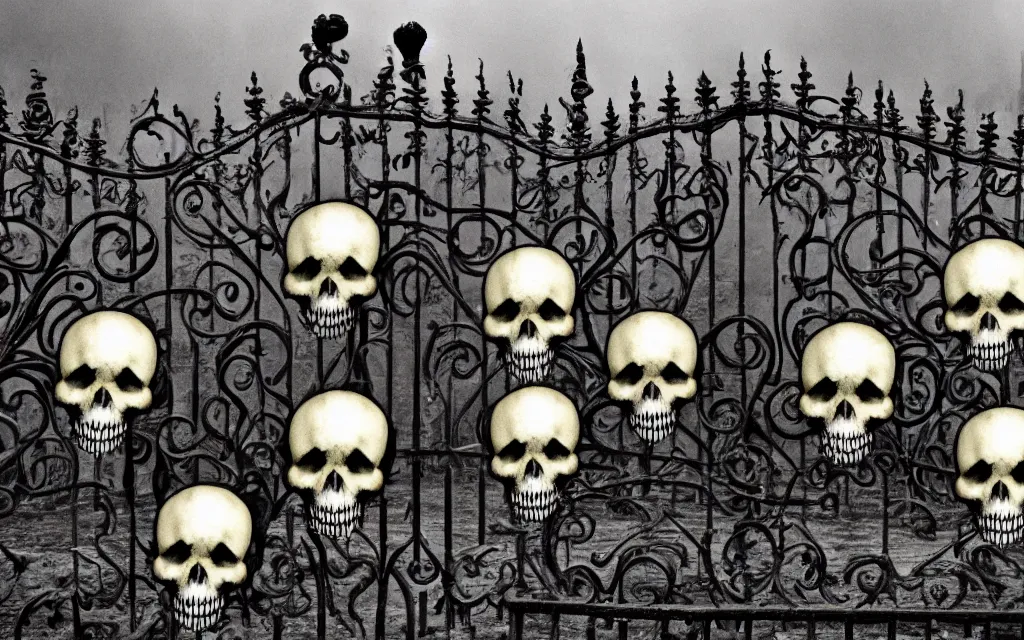 Image similar to skulls placed in a row on a wrought iron gate, in the background a dilapidated house surrounded by tombstones, fog, gloomy atmosphere tim burton style