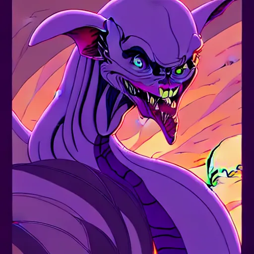 Image similar to don bluth, artgerm, joshua middleton, purple color pallete, welcome to night vale, lighthouse in the desert, giant centipede, spooky strange weird quirky, cartoon, 2 d, shades of purple