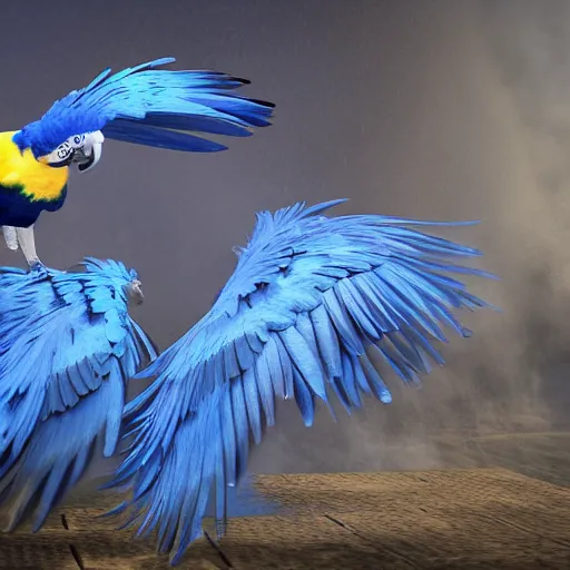 Prompt: blue macaw birds emerging from fluids, blue smoke, unreal engine -8