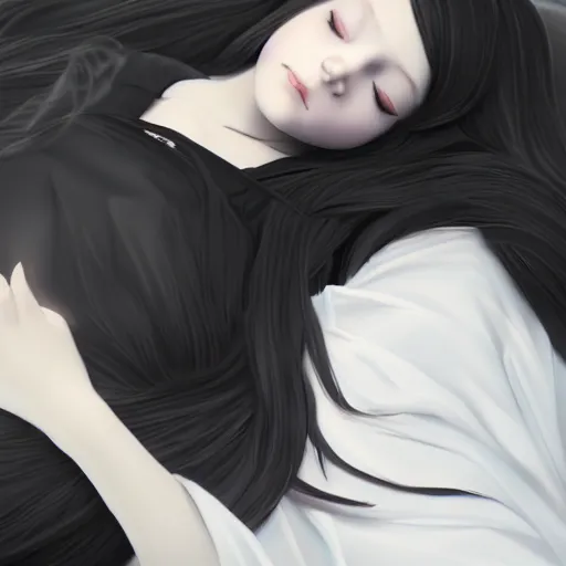 Image similar to little girl with an long black hair dressed in a simple white dress sleeping, anime art style, digital art ilya kuvshinov, inspired by balthus, hd, 4 k, hyper detailed, top view, dark, anatomically correct, angelic face