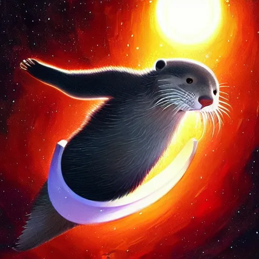 Prompt: an otter swimming through space, digital painting, detailed, full body, trending on art station, art by rhads, art by miyazaki