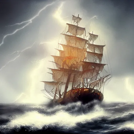 Prompt: pirate ship at sea, big storm with lightnings and tornado, trending on artstation