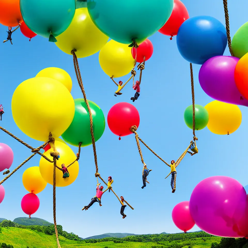 Prompt: large colorful balloons with people on rope swings underneath, flying high over the landscape, realistic, detailed