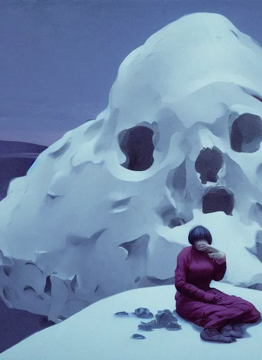 Image similar to woman sitting on a pile of skulls, snowing night by Edward Hopper and James Gilleard, Zdzislaw Beksinski, Katsuhuro Otomo highly detailed