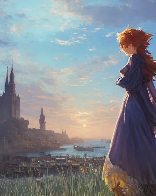 Prompt: over the shoulder landscape painting of violet evergarden, behind her is a distant old european city leiden from violet evergarden next to the reflecting ocean, ocean, sunshine, by Philipp A. Urlich and Pengzhen Zhang and Andreas Rocha, fantasy, intricate, elegant, highly detailed, digital painting, artstation, blender, unreal engine 5, octane render, smooth, sharp focus, illustration