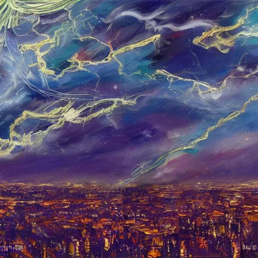 Prompt: beautiful oil painting of biblically accurate angel, night sky clouds, green lightning, above city, high detail, trending on art station