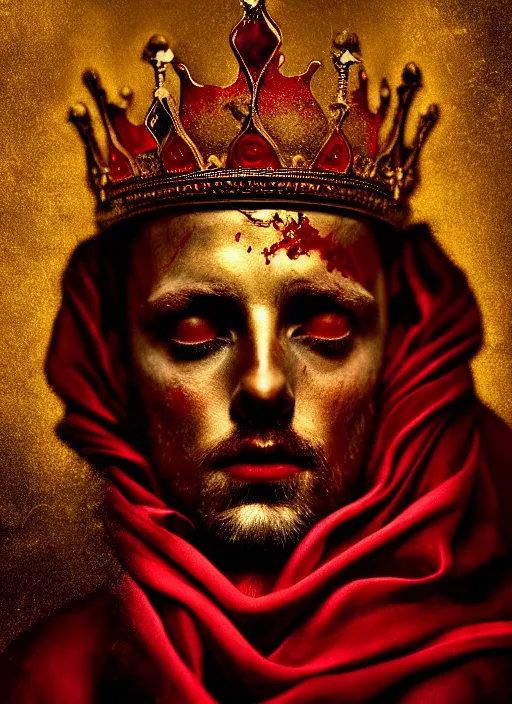 Image similar to 'Portrait of Crowned King Arthur' by Lee Jeffries royally decorated, whirling plasma, atmospheric motes, red and gold Sumptuous garb, gilt silk fabric, radiant colors, fantasy, perfect lighting, studio lit, micro details,