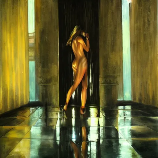 Image similar to beautiful woman, courtyard, capital, cybermosque interior, control panel, watcher, omniscient, tech noir, wet reflections, impressionism, matte painting, speed painting, chiaroscuro, oil on canvas