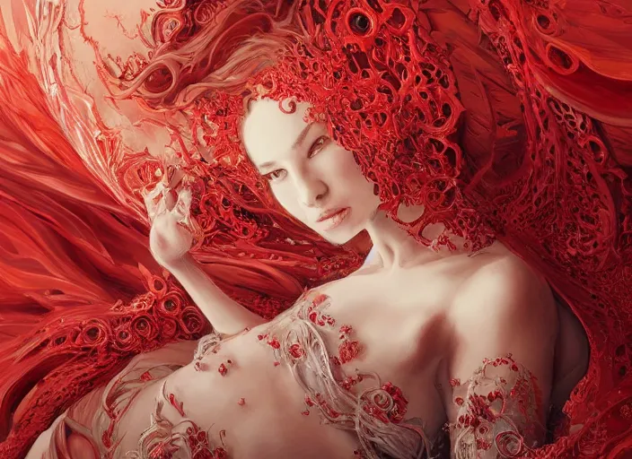 Image similar to woman in love sit upon a scarlet coloured beast, pain, royal dress, light effect, hyper detailed, intricate, atmospheric, elegant, highly detailed, digital painting, artstation, concept art, matte, sharp focus, illustration, by james jean, andrei riabovitchev, marc simonetti, yoshitaka amano