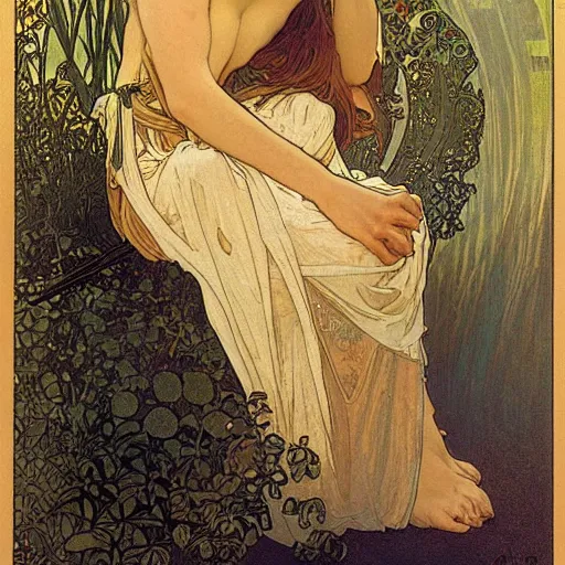 Image similar to lady of the lake by alphonse mucha
