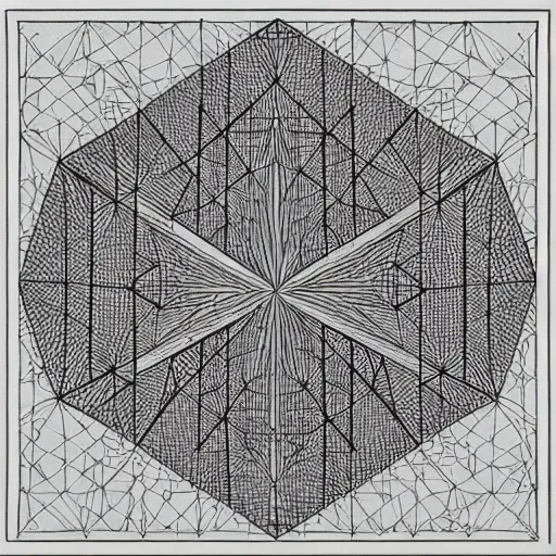 Image similar to realistic drawing of the pyramid at dawn, by maurits cornelis escher, explorations of infinity, reflection, symmetry, perspective, truncated and stellated polyhedra, hyperbolic geometry, tessellations