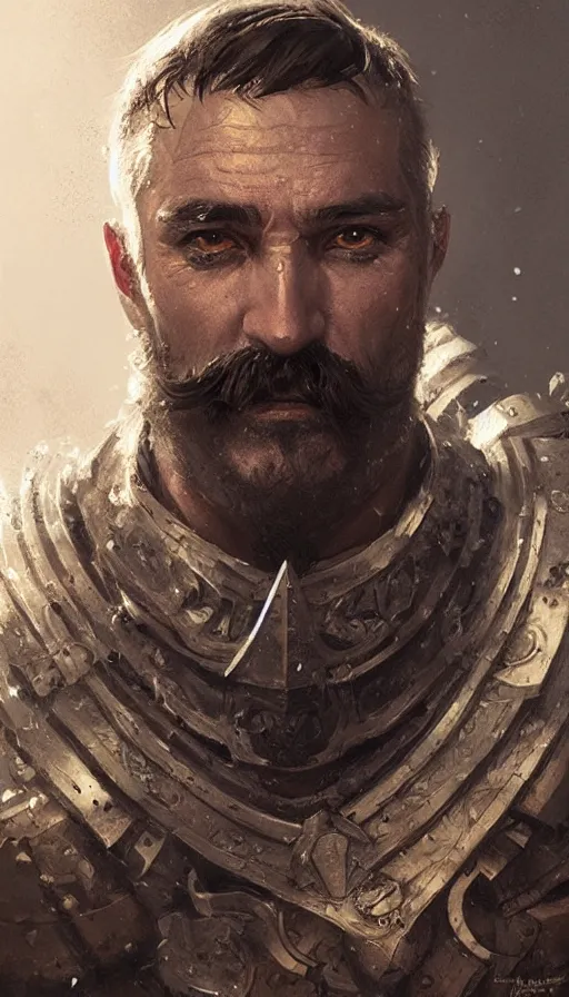 Image similar to Portrait of an old knight with a large moustache, male, detailed face, fantasy, highly detailed, cinematic lighting, digital art painting by greg rutkowski