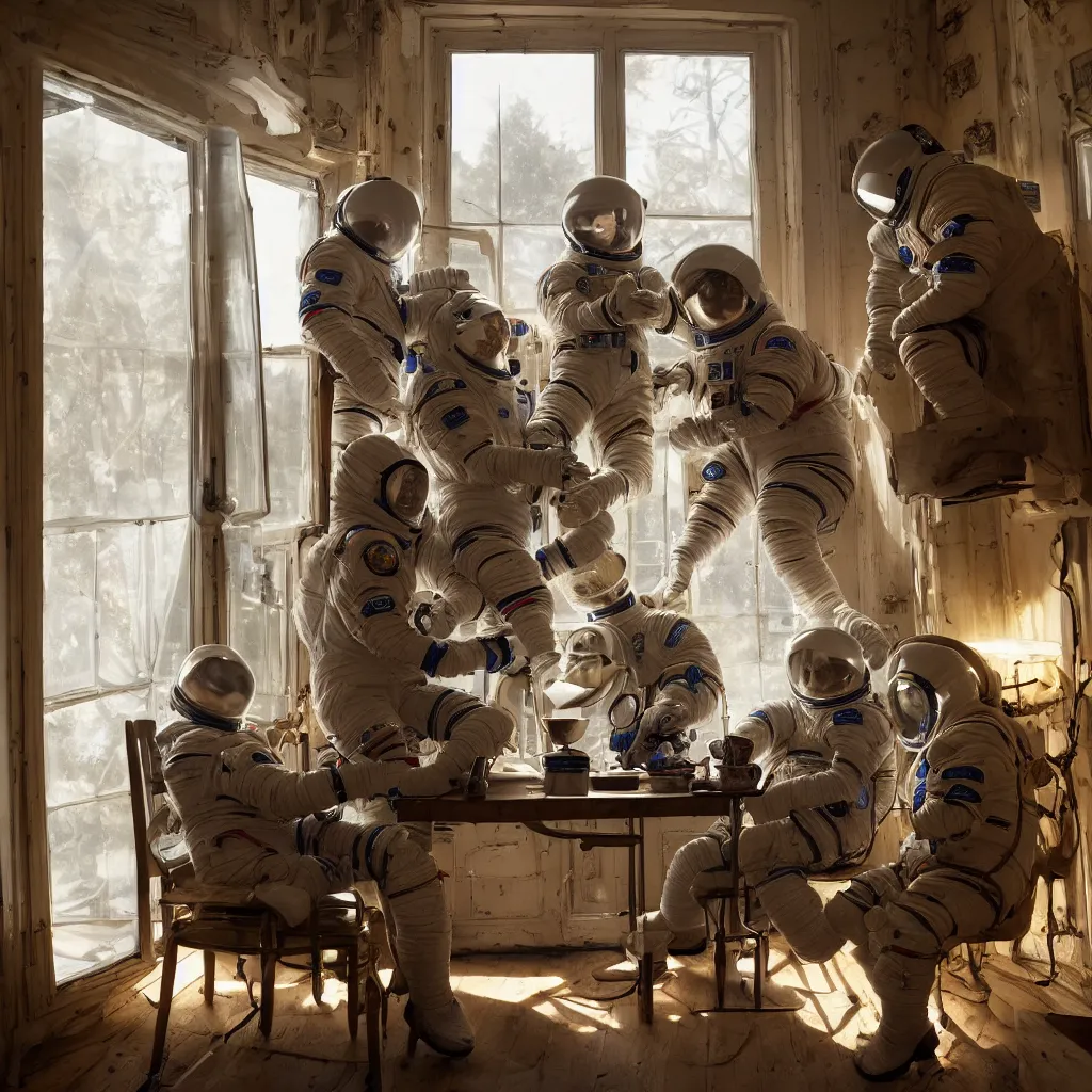 Image similar to 3 cosmonauts in a spacesuit drinks a steaming cup of tea at an old wooden desk in a richly decorated victorian house. the autumn light comes in through a window and dimly illuminates the room, diffuse light, octane render