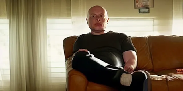 Image similar to full room shot of sad bald poor elon musk drinking a can of beer in the couch while watching tv in a dirty house, very realistic photograph, cinematic lighting, dardenne brothers, trailer park boys