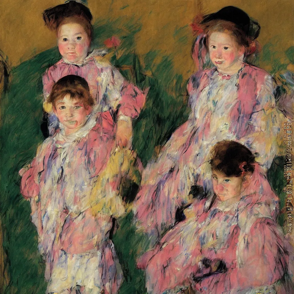 Prompt: a funny person wearing exaggerated makeup and colorful oversized garments, full body portrait, at a birthday party, mary cassatt, oil on canvas