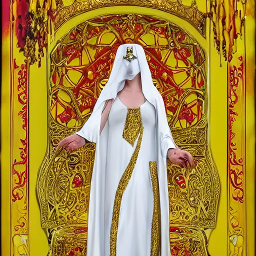 Image similar to a white pale masked priestess of the king in yellow, with a tight yellow silk robe, she wears a lot of luxury jewelry with red gems, fantasy, highly detailed, by peter morbacher