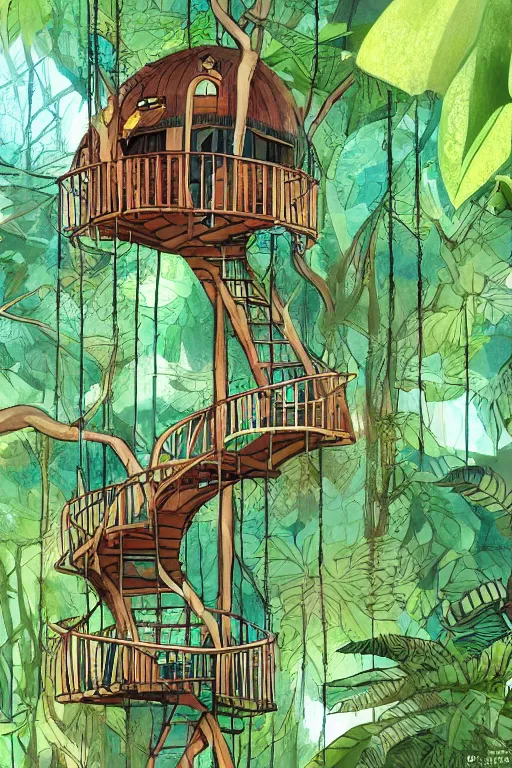 Prompt: tree house in the rainforest, spiral staircase, swings, garden, by alba ballesta gonzalez. 4 k wallpaper, digital flat 2 d, comic book, illustration, cinematic lighting, smooth sharp focus.