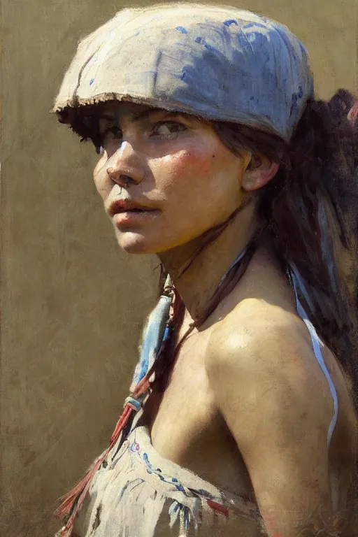 Image similar to Richard Schmid and Jeremy Lipking and Antonio Rotta full length portrait painting of a young beautiful traditonal american indian woman