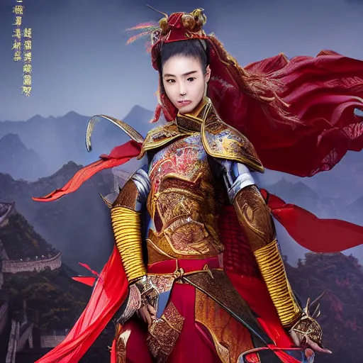 Prompt: angelababy as a Chinese warrior princess on the Great Wall, styling by Tom Eerebout & Sandra Amador, photo by mario testino, cinematic, hyper detailed, micro details, insanely detailed, trending on artstation, concept art