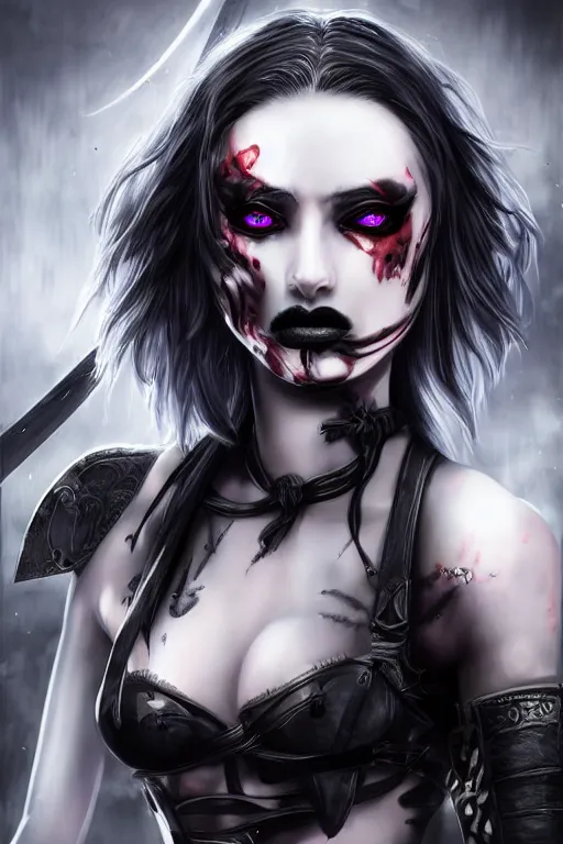 Image similar to demon girl warrior with swords, goth ninja, pretty face, ultra detailed, digital art, 8k ,character ,realistic, portrait, hyperrealistic