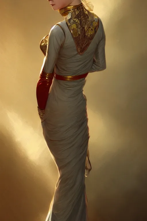 Image similar to a girl wearing a golden dress, grey hair, red necktie, cinematic, stunning, highly detailed, digital painting, artstation, smooth, hard focus, full body shot, illustration, art by artgerm and greg rutkowski and alphonse mucha