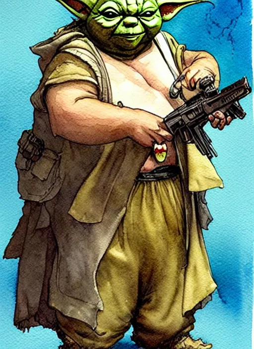 Image similar to a realistic and atmospheric watercolour fantasy character concept art portrait of a fat sleazy homeless chibi yoda wearing a wife beater and holding a handgun, by rebecca guay, michael kaluta, charles vess and jean moebius giraud