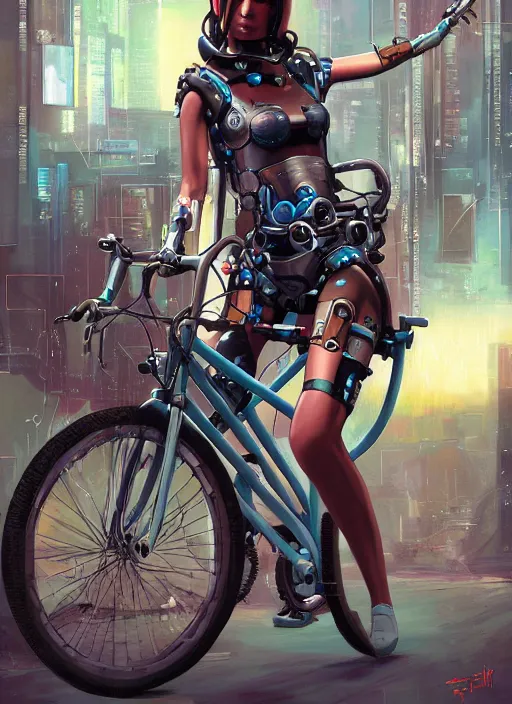 Image similar to An epic fantastic realism comic book style painting of a beautiful girl on a bicycle with robot legs, robotics, long pigtails hair, asian girl, cyberpunk, Concept world Art, ultrarealistic, hyperrealistic, dynamic lighting by Paolo Eleuteri Serpieri