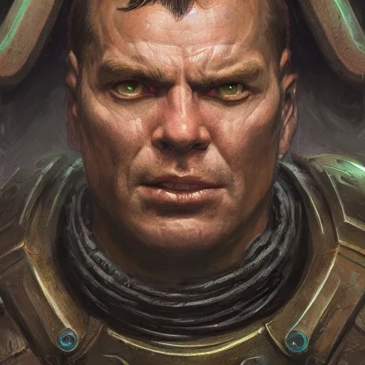 Image similar to the doomguy as a realistic d & d fantasy character, closeup portrait art by donato giancola and greg rutkowski, vintage retro, realistic face, digital art, trending on artstation, symmetry!!