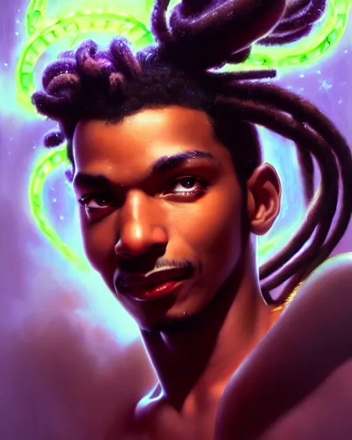 Image similar to lucio from overwatch, dreadlocks, fantasy, fantasy art, character portrait, portrait, close up, highly detailed, intricate detail, amazing detail, sharp focus, vintage fantasy art, vintage sci - fi art, radiant light, caustics, by boris vallejo