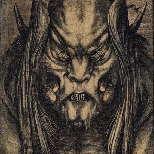 Image similar to portrait of a japanese demon, highly detailed, by albrecht durer