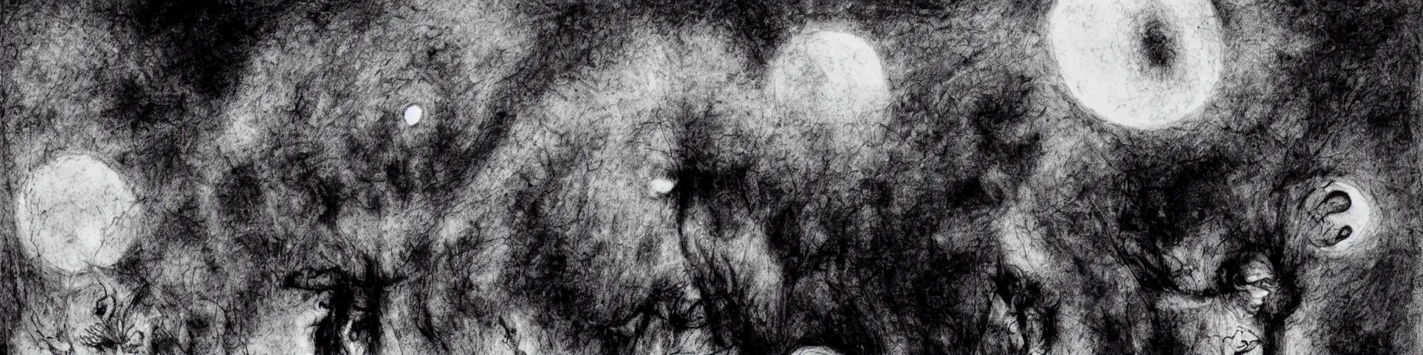 Prompt: dawn of creation ; first atom ; beings of darkness ; ethereal plane. extremely dark image. complete blackness. black and gray low - contrast image. dark, blur, charcoal illustrated by maurice sendak and stephen gammell and junji ito and dr seuss and tsutomu nihei