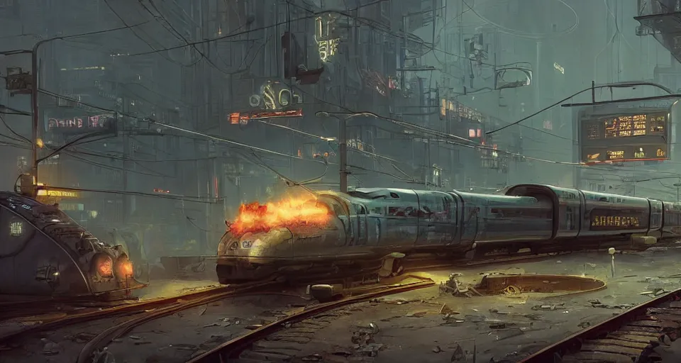 Prompt: a highly detailed epic cinematic concept art CG render digital painting artwork scene: retrofuturistic 1920s cyberpunk steampunk bullet train emitting smoke. By Greg Rutkowski, Ilya Kuvshinov, WLOP, Stanley Artgerm Lau, Ruan Jia and Fenghua Zhong, trending on ArtStation, made in Maya, Blender and Photoshop, octane render, excellent composition, cinematic dystopian brutalist atmosphere, dynamic dramatic cinematic lighting, aesthetic, very inspirational, arthouse