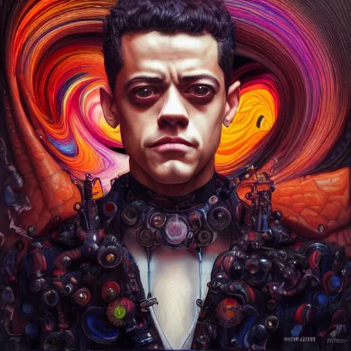 Image similar to portrait of rami malek, hyper detailed masterpiece, neon floral pattern, jean giraud, digital art painting, darkwave goth aesthetic, psychedelic, artgerm, donato giancola and tom bagshaw