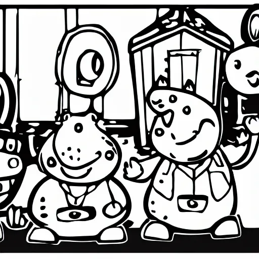 Prompt: pepapig cartoon with pepa george and daddy pig, colouring page
