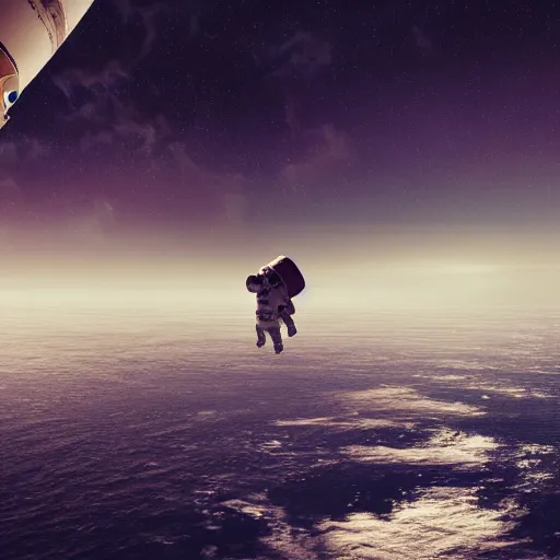 Image similar to photo of dying astronaut floating in sky over ocean, moody, atmospheric, 8k, unreal engine render, hyper realistic, sci fi