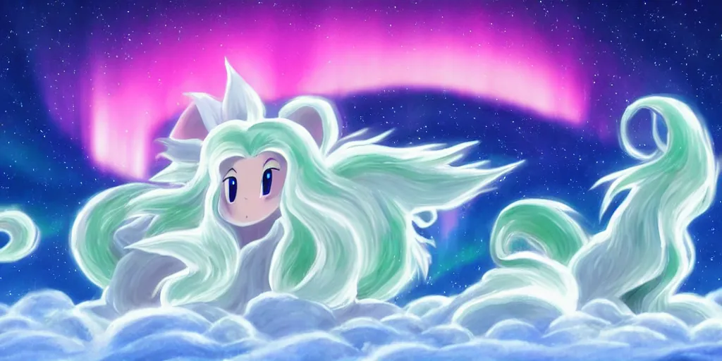 Image similar to Alolan Ninetales shiny, standing on an snowy hill with an aurora borealis in the night sky, Pokémon,