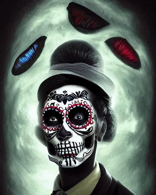 Prompt: dia de los muertos hombre theme surrealist art in the styles of igor morski, jim warren, and osborne macharia, intricate, hyperrealistic, accurate facial details, profile picture with chromakey!!!!! background, volumetric lighting