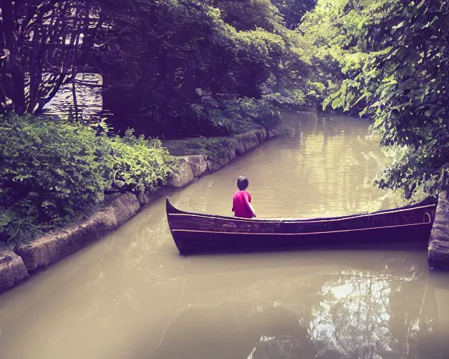 Image similar to one single short small wooden boat in a very narrow narrow river river, trees, shady, ripples, reflections. A boy and a girl are sitting together in the boat. Romantic. Girl has long flowing auburn hair, boy has short hair. By Makoto Shinkai, Stanley Artgerm Lau, WLOP, Rossdraws, James Jean, Andrei Riabovitchev, Marc Simonetti, krenz cushart, Sakimichan, trending on ArtStation, digital art.